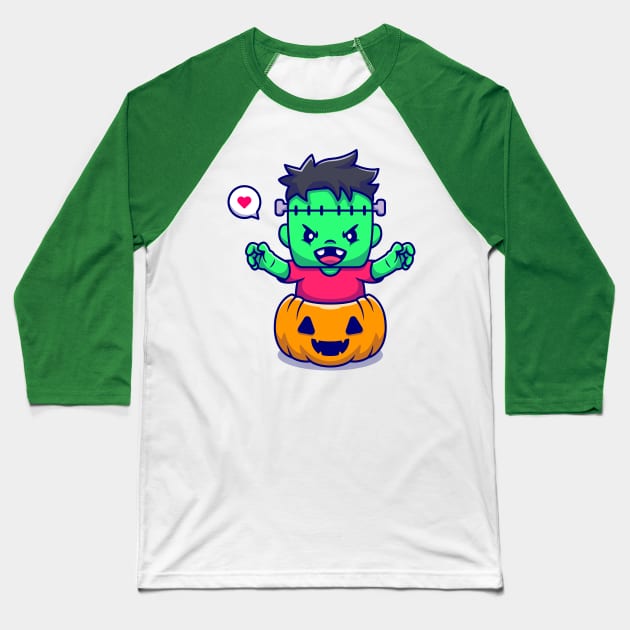 Cute Frankenstein With Pumpkin Halloween Cartoon Baseball T-Shirt by Catalyst Labs